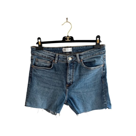 Zara High Rise Stretch Denim Frayed Cut Off Shorts - Picture 1 of 7